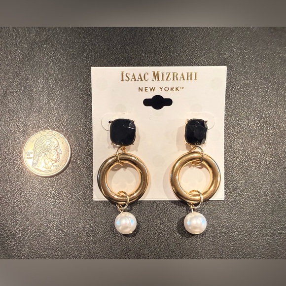 Isaac Mizrahi New York Gold Hoop Drop Earrings Pearl Accent NEW - Picture 3 of 4